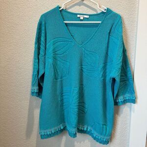 Chico’s Teal Blue Textured Monochrome Floral Lightweight Sweater - Size XL EUC